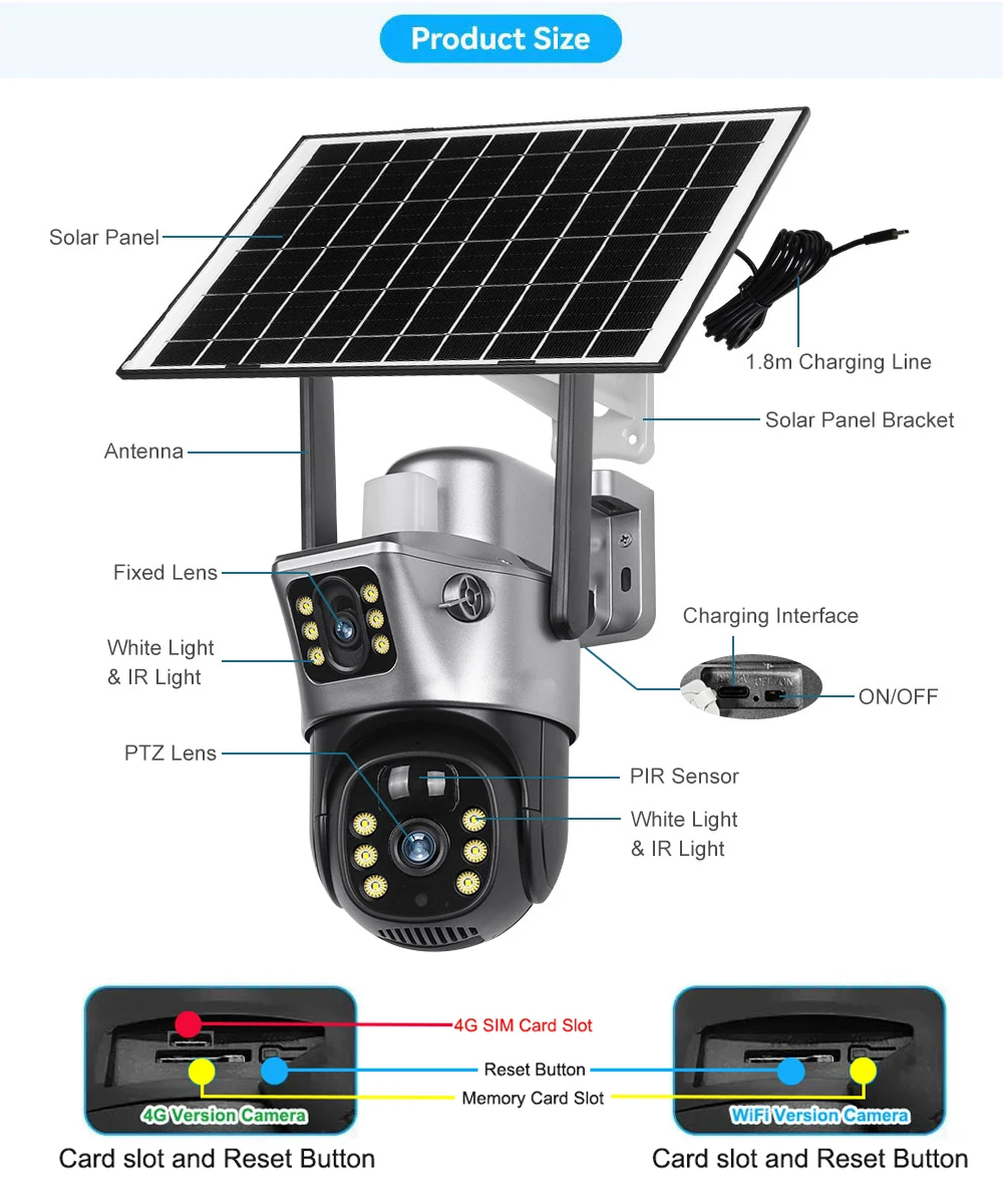 Caméra solaire avec carte Sim 4G, double objectif, pour l'extérieur, 8mp, 4K, batterie faible consommation, IP, Vision nocturne PIR, V380 Pro, Protection de sécurité CCTV