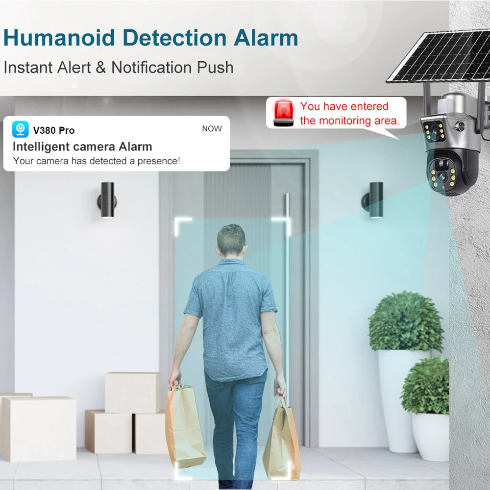 Caméra solaire avec carte Sim 4G, double objectif, pour l'extérieur, 8mp, 4K, batterie faible consommation, IP, Vision nocturne PIR, V380 Pro, Protection de sécurité CCTV