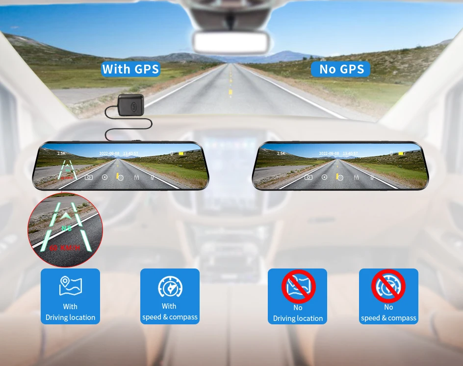 Écran Tactile Enregistreur Vidéo Rétroviseur cam 1440P GPS Wifi 24H Parking DVR Black Box