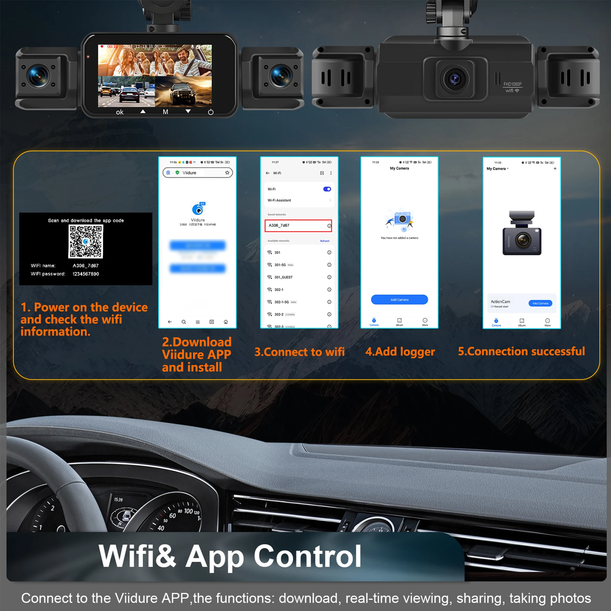 Dashcam pour voitures 4 canaux boîte noire WiFi caméra de conduite FHD 1080P Vision nocturne enregistrement en boucle ajouter kit de fil dur accessoires de voiture Dashcam pour voitures 4 canaux boîte noire WiFi caméra de conduite FHD 1080P Vision nocturne enregistrement en boucle ajouter kit de fil dur accessoires de voiture