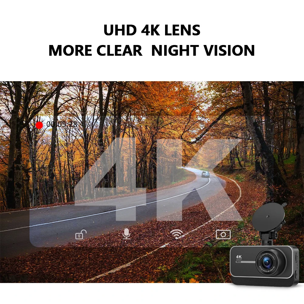 DashCam 4K WiFi caméra d'enregistrement de voiture DVR enregistreur vidéo boîte noire avant et arrière double canaux 24H Mode de stationnement HD Vision nocturne