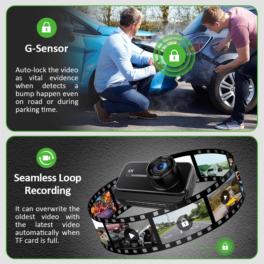 DashCam 4K WiFi caméra d'enregistrement de voiture DVR enregistreur vidéo boîte noire avant et arrière double canaux 24H Mode de stationnement HD Vision nocturne