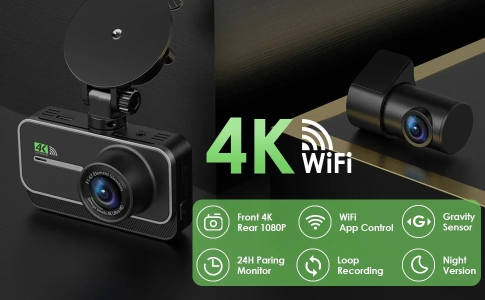 DashCam 4K WiFi caméra d'enregistrement de voiture DVR enregistreur vidéo boîte noire avant et arrière double canaux 24H Mode de stationnement HD Vision nocturne