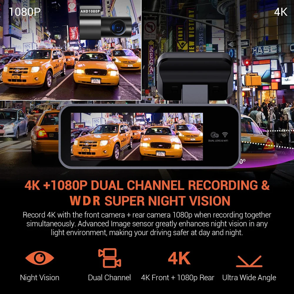 Caméra de tableau de bord 4K 3840x2160P, DVR, WIFI, GPS, Mini caméra à double objectif, Dashcam avant et arrière, boîte noire, enregistreur de conduite vidéo, Vision nocturne Caméra de tableau de bord 4K 3840x2160P, DVR, WIFI, GPS, Mini caméra à double objectif, Dashcam avant et arrière, boîte noire, enregistreur de conduite vidéo, Vision nocturne