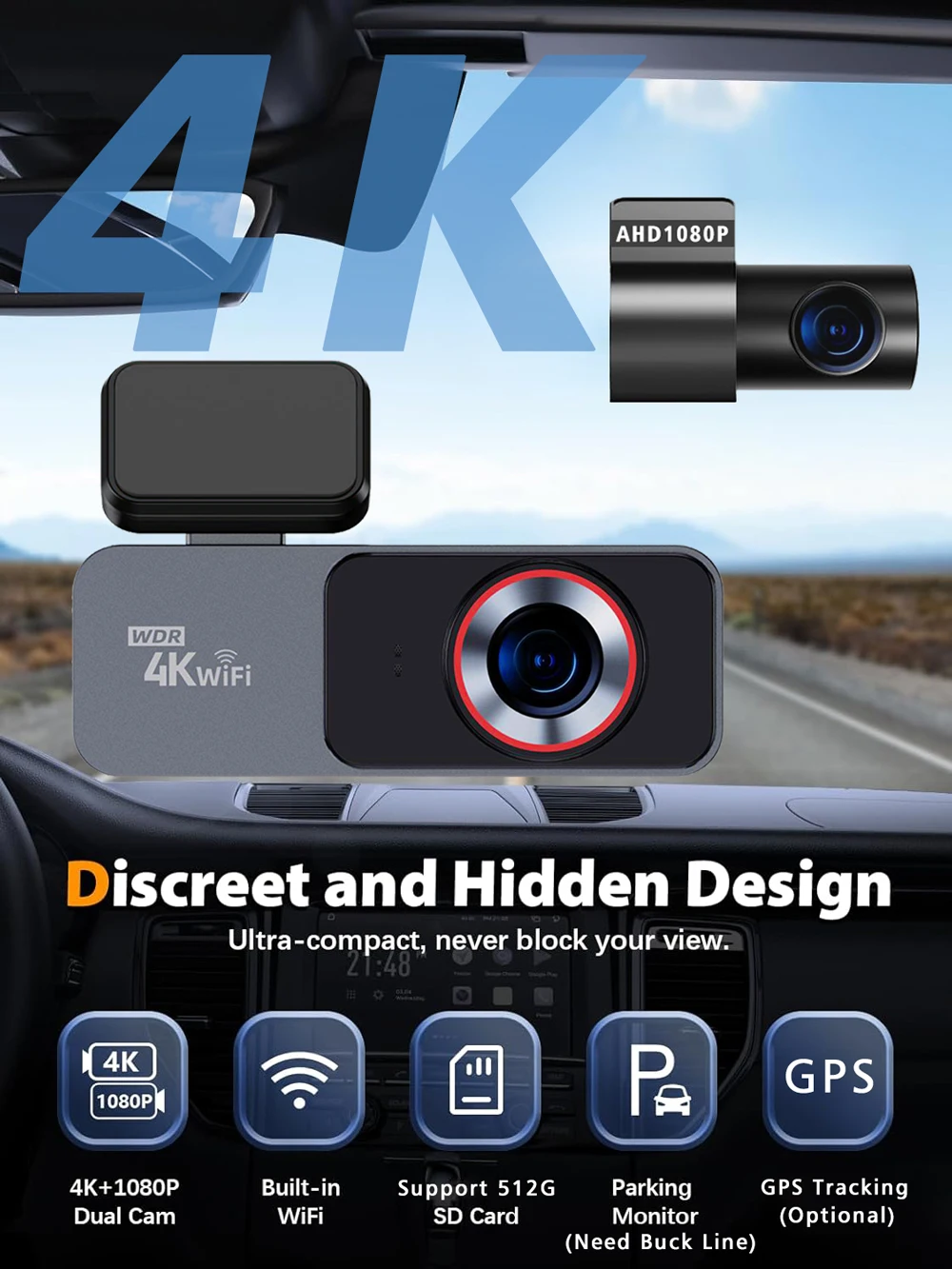 Caméra de tableau de bord 4K 3840x2160P, DVR, WIFI, GPS, Mini caméra à double objectif, Dashcam avant et arrière, boîte noire, enregistreur de conduite vidéo, Vision nocturne Caméra de tableau de bord 4K 3840x2160P, DVR, WIFI, GPS, Mini caméra à double objectif, Dashcam avant et arrière, boîte noire, enregistreur de conduite vidéo, Vision nocturne