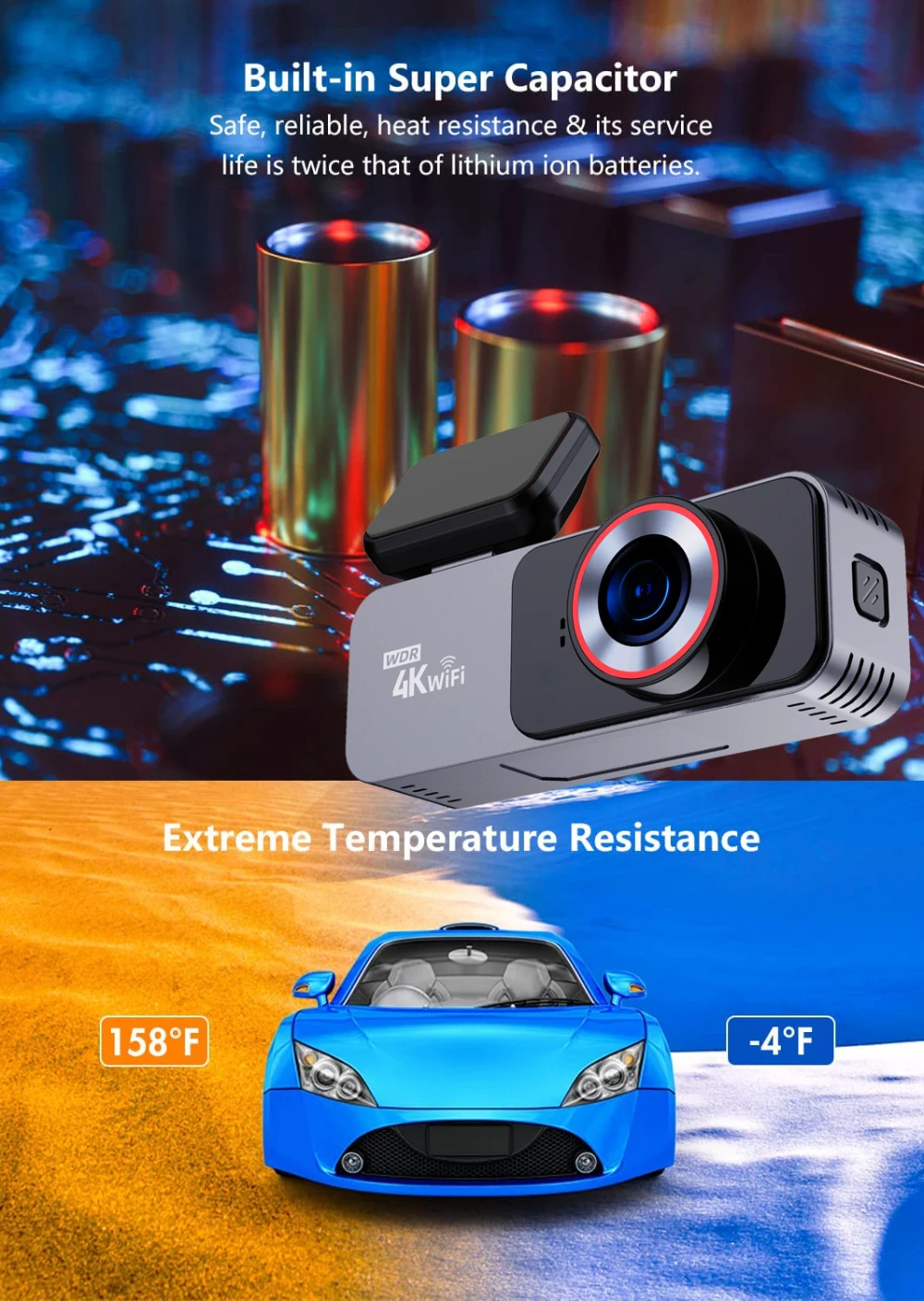 Caméra de tableau de bord 4K 3840x2160P, DVR, WIFI, GPS, Mini caméra à double objectif, Dashcam avant et arrière, boîte noire, enregistreur de conduite vidéo, Vision nocturne Caméra de tableau de bord 4K 3840x2160P, DVR, WIFI, GPS, Mini caméra à double objectif, Dashcam avant et arrière, boîte noire, enregistreur de conduite vidéo, Vision nocturne