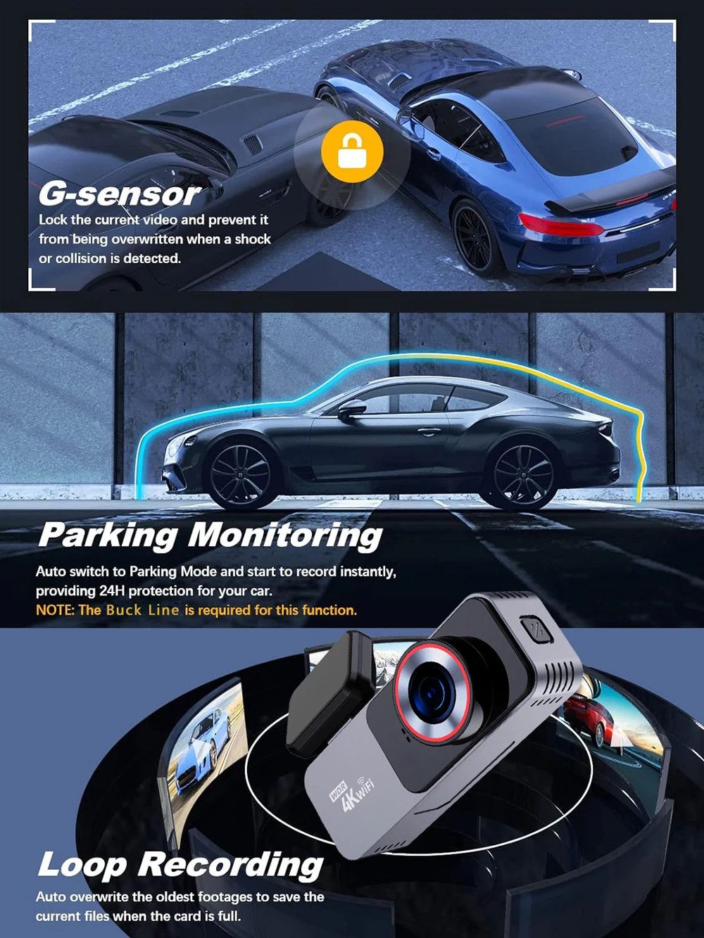 Caméra de tableau de bord 4K 3840x2160P, DVR, WIFI, GPS, Mini caméra à double objectif, Dashcam avant et arrière, boîte noire, enregistreur de conduite vidéo, Vision nocturne Caméra de tableau de bord 4K 3840x2160P, DVR, WIFI, GPS, Mini caméra à double objectif, Dashcam avant et arrière, boîte noire, enregistreur de conduite vidéo, Vision nocturne