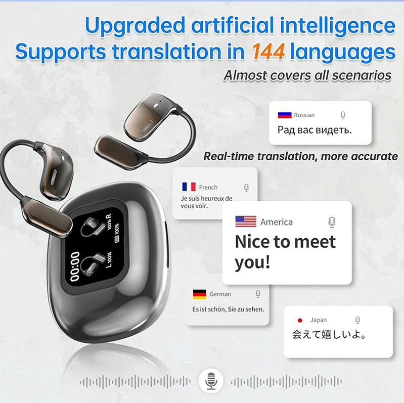 UYUXIO AI traduction de langue écouteurs en temps réel LCD écran tactile oreille ouverte casque sans fil avec 144 langues pour les entreprises