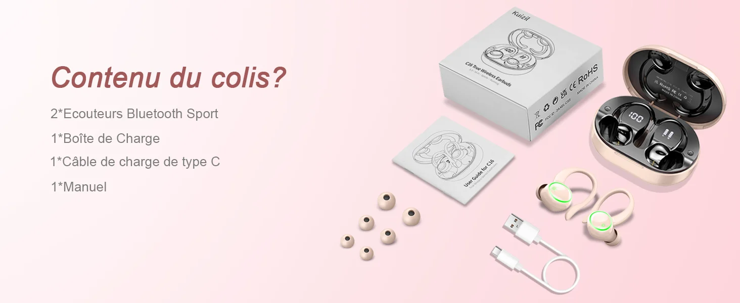 Kuizil-Écouteurs sans fil Bluetooth 5.3, casque d'écoute pour le sport, avec 4 micros anti-bruit ENC, étanche IP7, 50 heures de lecture