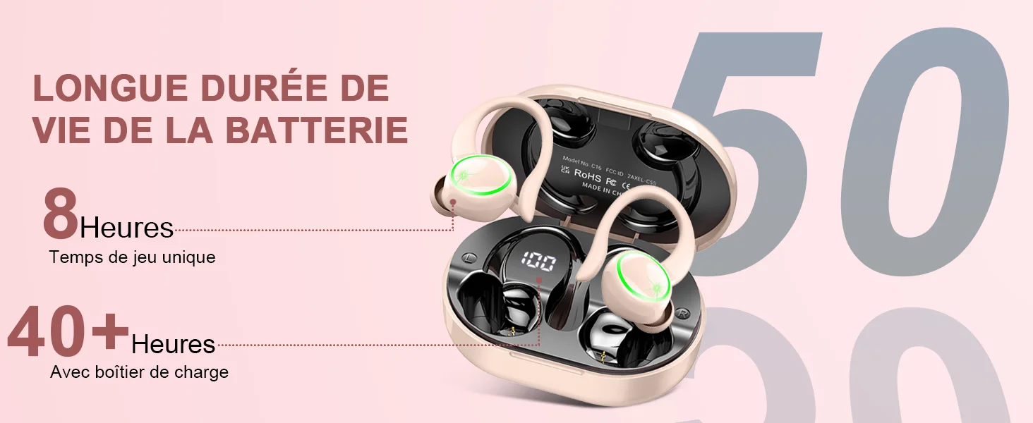 Kuizil-Écouteurs sans fil Bluetooth 5.3, casque d'écoute pour le sport, avec 4 micros anti-bruit ENC, étanche IP7, 50 heures de lecture