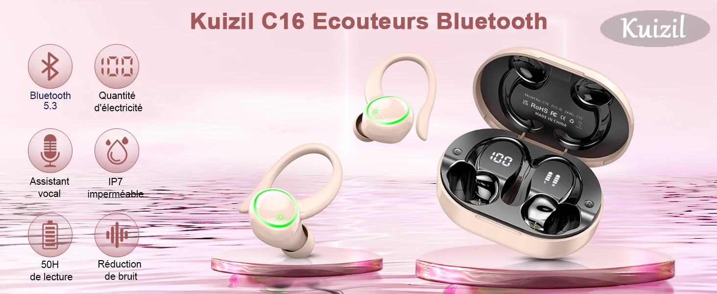 Kuizil-Écouteurs sans fil Bluetooth 5.3, casque d'écoute pour le sport, avec 4 micros anti-bruit ENC, étanche IP7, 50 heures de lecture