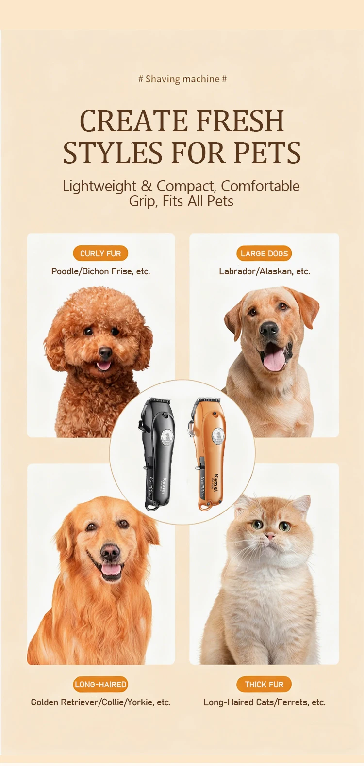 Kemei KM-1596 rasoir professionnel pour animaux de compagnie USB charge intelligente réglable poils de chien électrique tondeuse poussoir de style