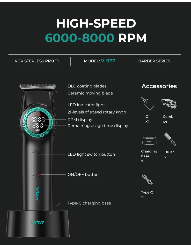 VGR 001 977 nouvel ensemble de coupe de cheveux tondeuse à cheveux pour hommes haut de gamme affichage numérique intelligent poussoir électrique sculpture et blanchiment