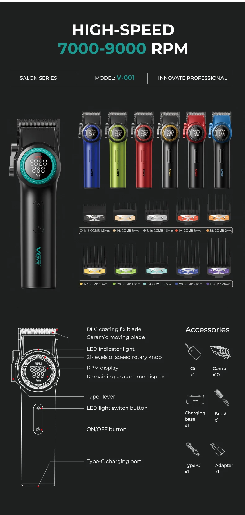 VGR 001 977 nouvel ensemble de coupe de cheveux tondeuse à cheveux pour hommes haut de gamme affichage numérique intelligent poussoir électrique sculpture et blanchiment