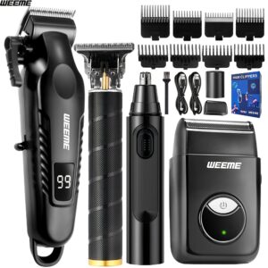 4 pièces Kit de Toilettage WEEME pour Hommes avec Tondeuse à Charge Rapide USB, Taille-Barbe, Rasoir et Tondeuse à Nez - Système Tout-en-Un pour Cheveux et Rasage à la Maison ou en Voyage - Cadeau Idéal pour Papa, Mari, Petit Ami (Anniversaire/Fête des Pères)