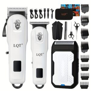 LQT Ensemble de tondeuse à cheveux professionnelle 2/3 pièces, chargement USB, kit de coupe de précision comprenant une tondeuse à cheveux, une tondeuse à barbe, une tondeuse à favoris et une rasoir à double lame, convient aux barbiers et à un usage domestique, au coiffage quotidien et aux soins du visage, autonomie de la batterie longue durée
