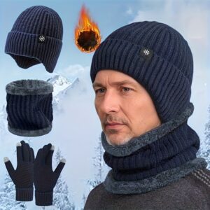Ensemble d'hiver trois pièces comprenant un bonnet, un couvre-cou et des gants tactiles - Chapeau épais et chaud en tricot pour la protection des oreilles avec doublure en polaire pour une tenue décontractée en extérieur, idéal pour Noël, sans batterie