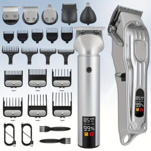 UOOGOU-Tondeuses à cheveux pour hommes professionnelles, tondeuses à cheveux sans fil pour la coupe de cheveux, ensemble de tondeuses et de tondeuses pour hommes, tondeuse à cheveux électrique pour hommes avec boîte de cadeau, cadeau pour la fête des pères, ensemble de tondeuses de barbier, argenté
