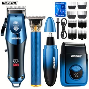 Ensemble de 4 pièces Tondeuse à cheveux électrique pour hommes | Tondeuse et kit de rasage pour les poils de nez, chargement USB sans fil, batterie au lithium, outil de toilettage professionnel, conception dégradée, cadeau idéal pour hommes