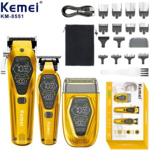 [Kit Toilettage Homme] Kemei Max KM-8551 Pro Tondeuse à Cheveux pour Hommes - Kit 3-en-1 Vintage Super Coiffeur avec Écran LED Incluant Tondeuse à Barbe et Rasoir, Rechargeable par USB, Batterie, 36V Tension Sécurisée, Outils de Coupe Professionnels, Accessoires Coiffeur, Design Élégant, Construction Durable, Tondeuses Haute Qualité, Passionnés de Toilettage, Essentiels de Toilettage, Kit de Toilettage Moderne, Tondeuses Durables, Kit de Toilettage pour Hommes, Toilettage Masculin, Outils de Coiffeur, Professionnels du Toilettage