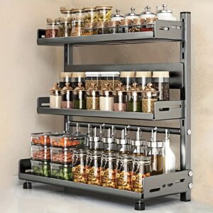 Porte-épices mural en métal robuste à 3 étages avec porte-couteaux, rangement vertical pour épices et ustensiles - Noir moderne pour cuisine domestique ou professionnelle