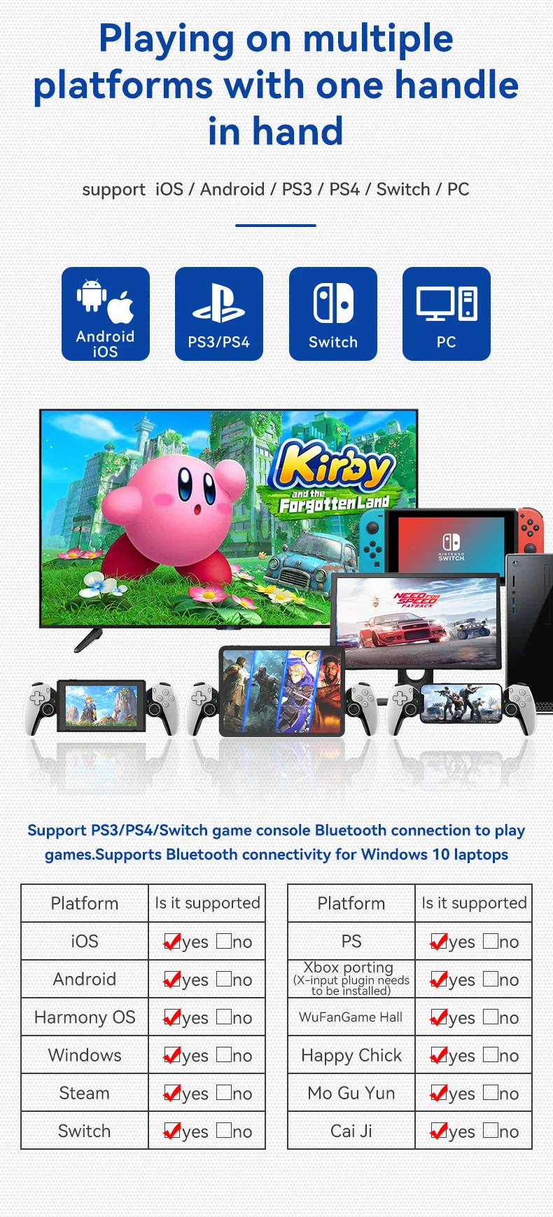 Contrôleur de jeu extensible pour téléphone portable, sans fil, Bluetooth, tablette PC pour Switch/PS3/PS4, contrôleur somatosensoriel à double Hall, BSP-D9