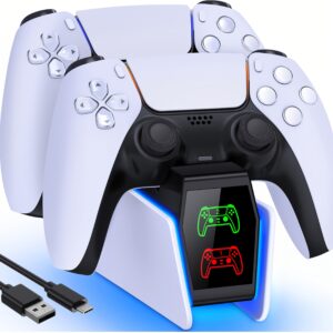 Station de charge pour manettes PS5, kit d'accessoires pour manettes Dualsense sans fil/Edge, avec une charge rapide en 2 heures et une lumière RGB cool, parfait comme cadeau de Noël