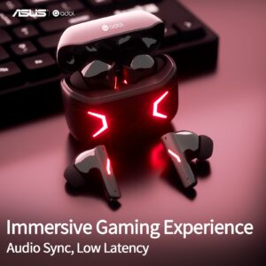 Écouteurs sans fil ASUS avec connexion stable 5.3, microphone intégré, grand diaphragme dynamique de 13 mm, étui de charge rapide Type-C, son stéréo HD, effets lumineux cool et écouteurs confortables pour le gaming et le travail, casque de jeu | Casque élégant