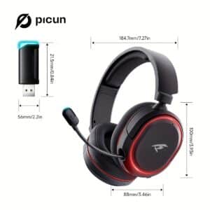 Casque Gaming Sans Fil Picun, Son Surround 7.1, Casque USB 2.4Ghz Sans Fil 5.4, Micro -Bruit 100h, Lumières RGB, Casque Sans Fil pour PC PS5 PS4. Cadeaux d'Anniversaire/Noël pour famille, amis et amoureux