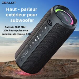 ZEALOT S49PRO 20W Haut-parleur sans fil portable, double haut-parleur Boost de basses Audio haute résolution, 3000mAh Longue durée de la batterie, lumières RGB, 5 niveaux d'étanchéité, 8 heures de lecture, son stéréo pour smartphones/tablettes/TVs, chargement USB-C, IPX5, sans adaptateurs de charge, prend en charge la carte SD/USB/AUX, pour l'intérieur/fête/plage/scène de musique