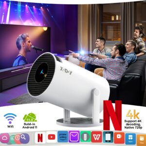 Projecteur Compact XGODY avec Android 11, Double Wifi6, Luminosité de 260 ANSI Lumens, Résolution HD Locale 1280X720P, Compatibilité 4K, Fonctionnement Silencieux, Utilisation Facile à Une Main et un Angle de Projection Polyvalent de 180°, Idéal pour les Configurations Home Cinéma