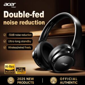 Casque sans fil Acer Ohr560 | Circum-aural avec suppression du bruit ANC, conception d'oreille à couverture complète, pliable, microphone à condensateur intégré, son stéréo Hi-Fi, réduction du bruit des appels HD ENC, compatible avec câble audio 3,5 mm, chargement USB