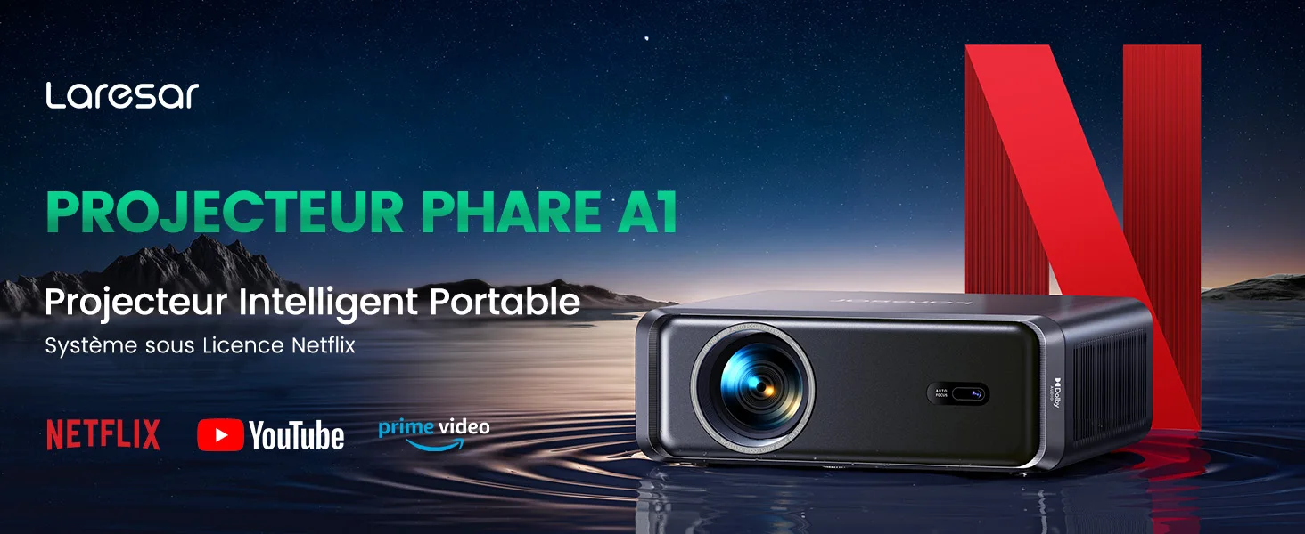 【Netflix Officiel/Dolby】Laresar A1 Vidéoprojecteur 4K 1000ANSI AI Auto Focus/Keystone Full HD 1080P Android TV Projecteur Portable WiFi6 Bluetooth5.2 Dolby Home Cinéma Extérieur/PS5