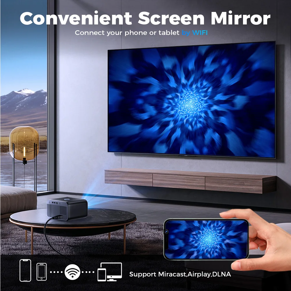 Projecteur Android natif portable, 1080P, 1920x1080P, prise en charge 4K, Bluetooth, WIFI, rapport trapézoïdal électronique, faisceau de mise au point