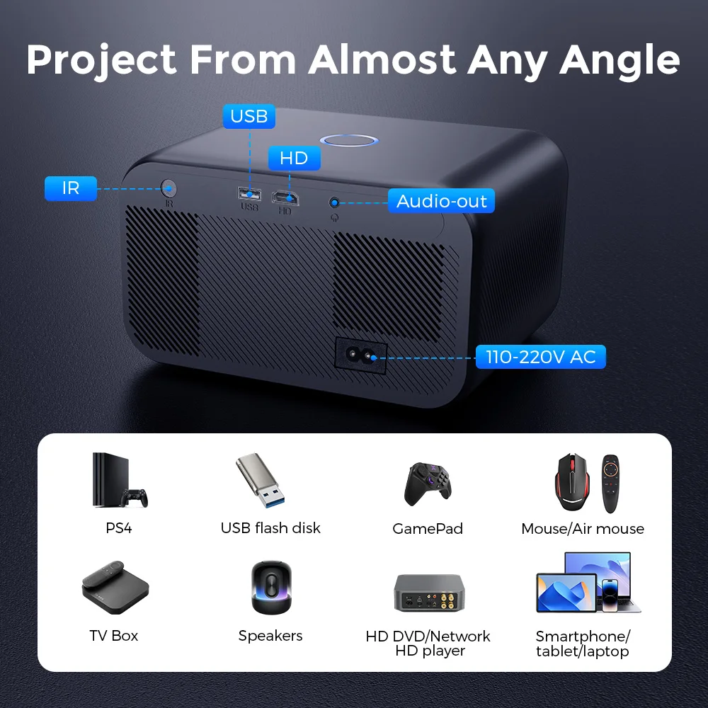 Projecteur Android natif portable, 1080P, 1920x1080P, prise en charge 4K, Bluetooth, WIFI, rapport trapézoïdal électronique, faisceau de mise au point