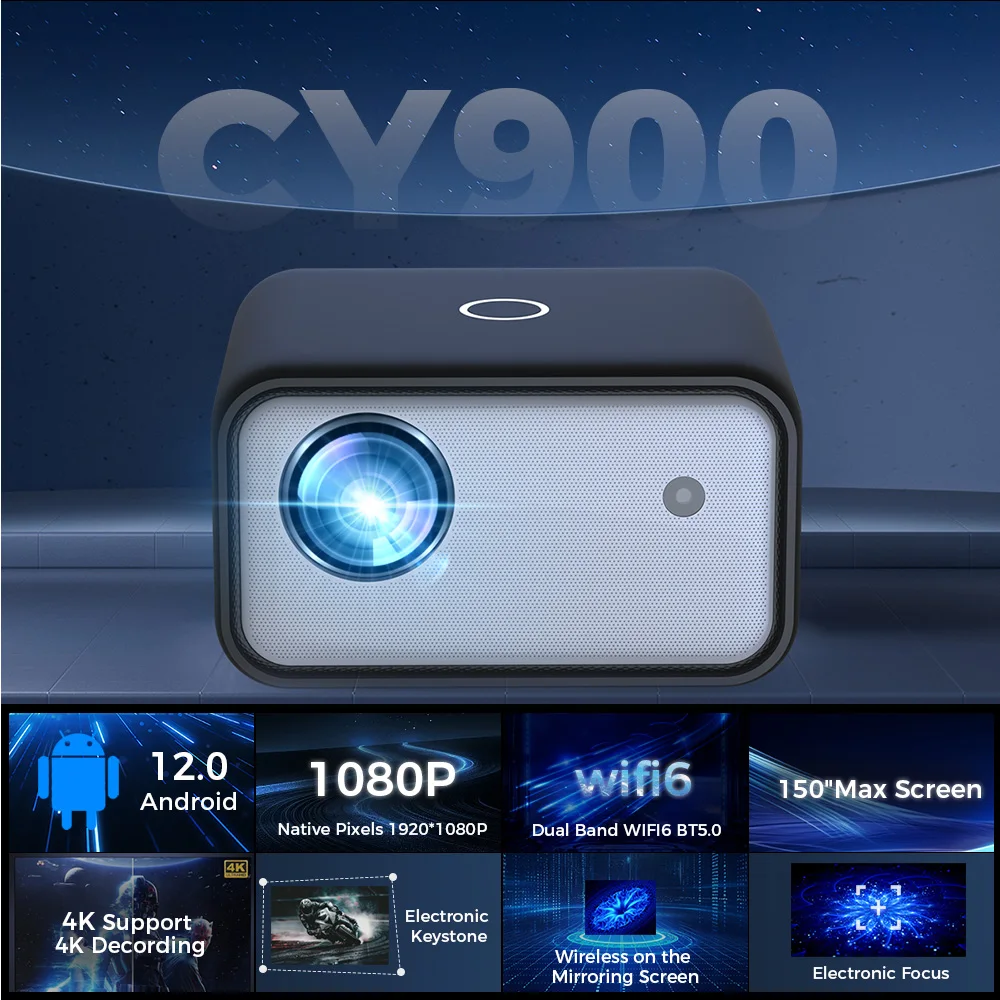Projecteur Android natif portable, 1080P, 1920x1080P, prise en charge 4K, Bluetooth, WIFI, rapport trapézoïdal électronique, faisceau de mise au point