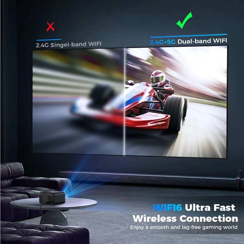 Projecteur Android natif portable, 1080P, 1920x1080P, prise en charge 4K, Bluetooth, WIFI, rapport trapézoïdal électronique, faisceau de mise au point