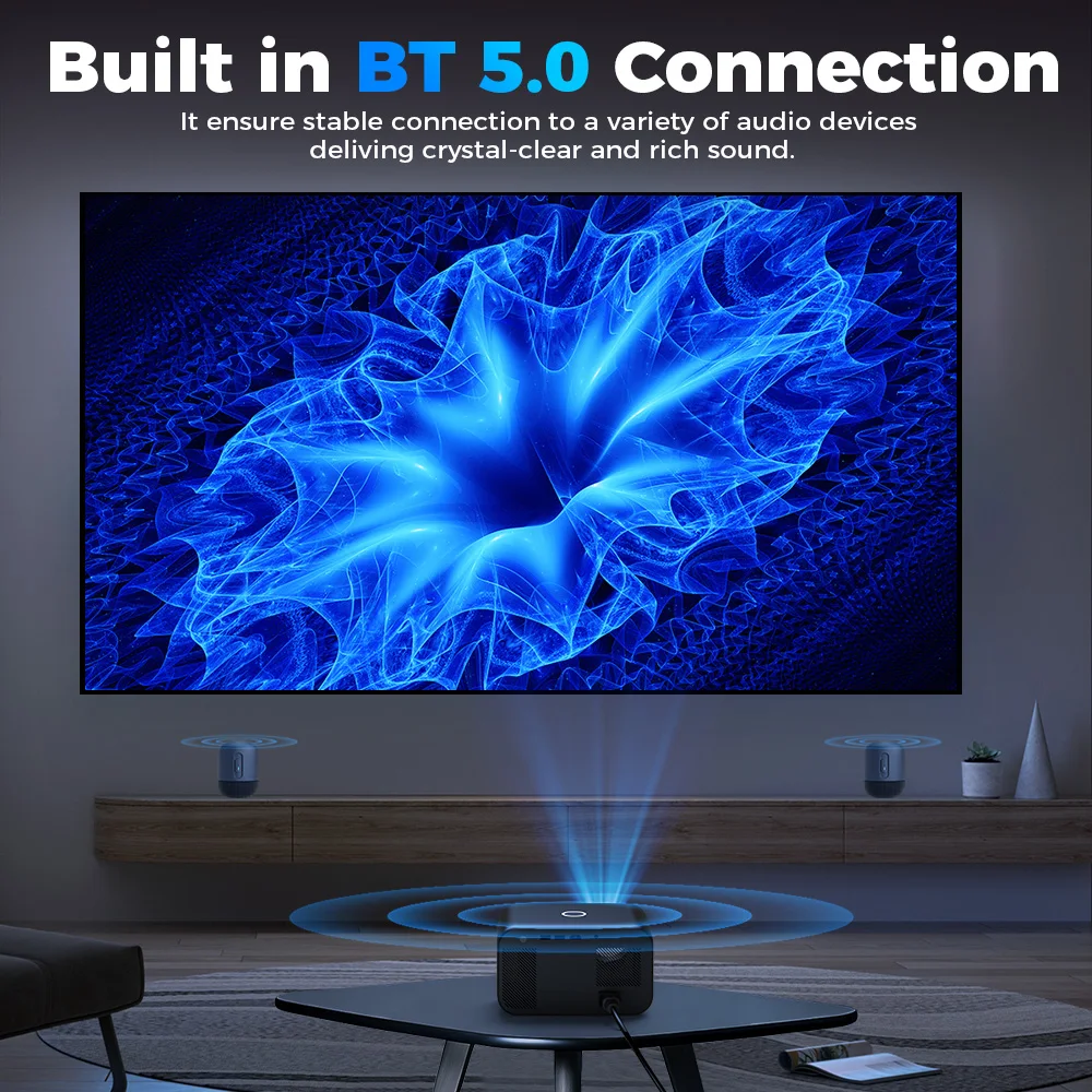 Projecteur Android natif portable, 1080P, 1920x1080P, prise en charge 4K, Bluetooth, WIFI, rapport trapézoïdal électronique, faisceau de mise au point