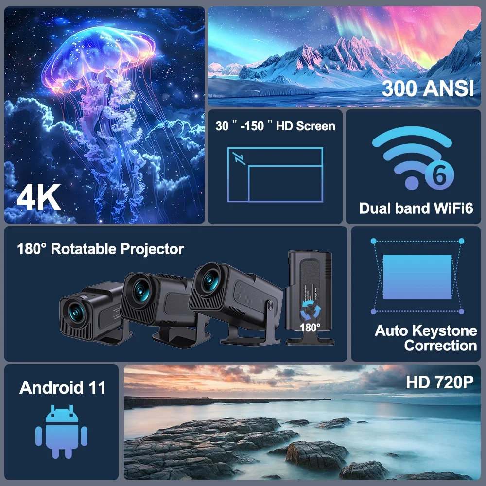 HY320 vidéoprojecteur 4k natif 720p Android projecteurs 300ANSI Wifi cinéma Portable 180 ° Rotable 1080p HY300 amélioré
