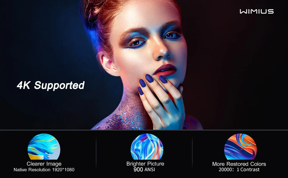 Vidéoprojecteur 4K Auto Focus/Keystone, 26000 Lumens Projecteur WiFi6 Bluetooth Full HD 1080P WiMiUS Vidéoprojecteur Portable 4K