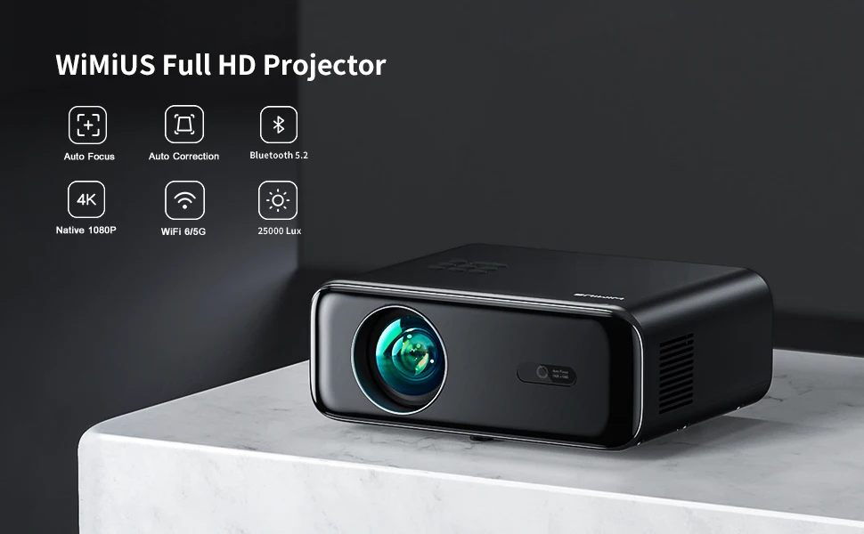 Vidéoprojecteur 4K Auto Focus/Keystone, 26000 Lumens Projecteur WiFi6 Bluetooth Full HD 1080P WiMiUS Vidéoprojecteur Portable 4K