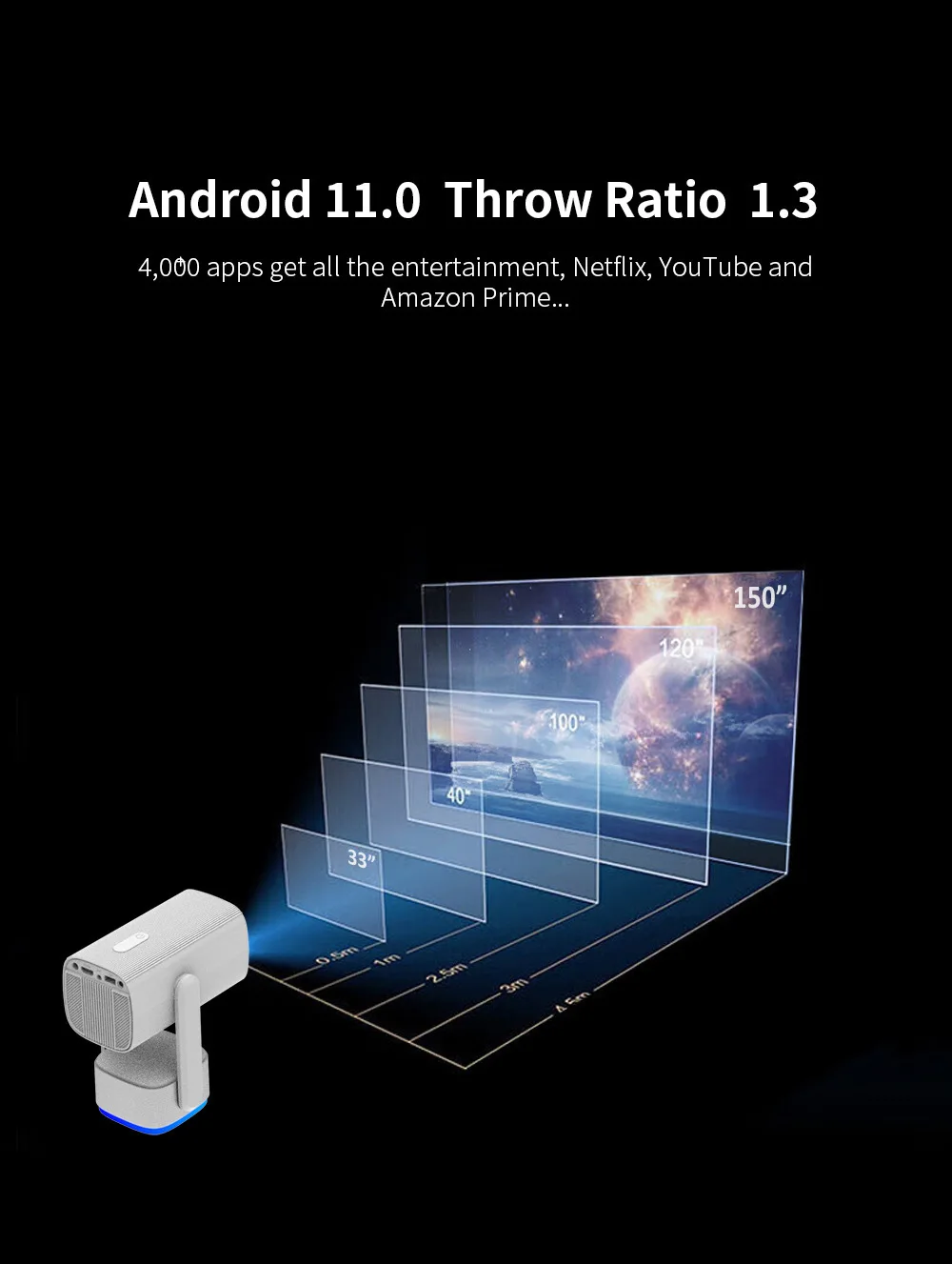 Salange Projecteur 4K K2 Smart Android11 ​​Batterie intégrée Haut-parleur Bluetooth WIFI Mise au point automatique Correction trapézoïdale Style libre pour Samsung iPhone Android Téléphone Projecteur de film extérieur