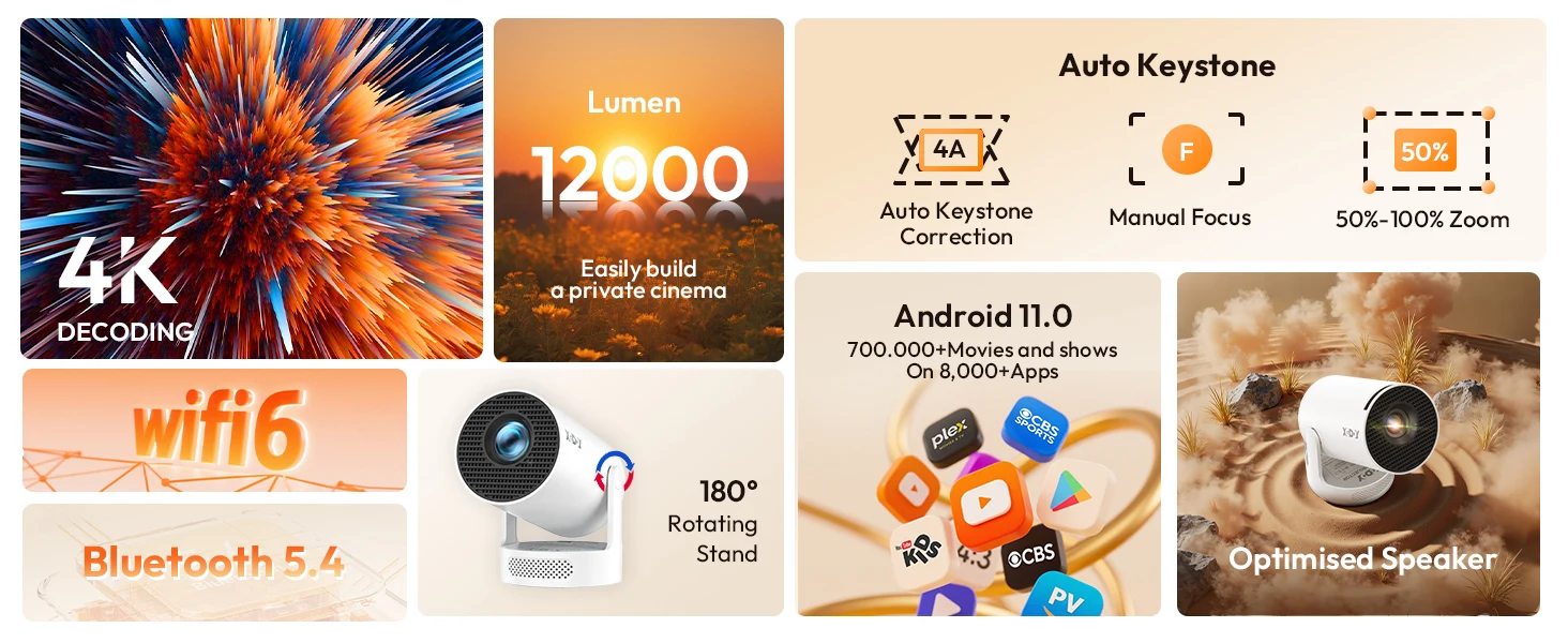 XGODY 4K HY300 Pro + projecteur intégré 5W haut-parleur 1280*720P Android 11 12000 Lumens Wifi6 BT5.4 projecteur extérieur Portable