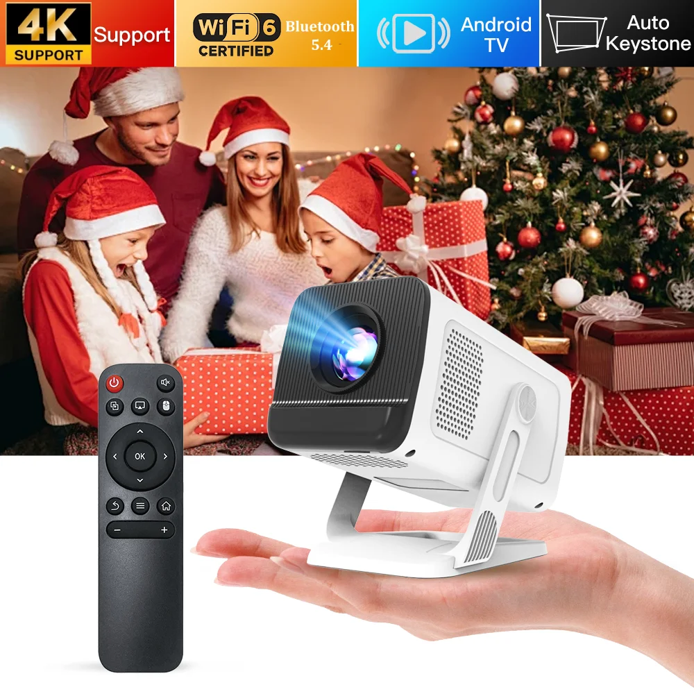 Mini projecteur avec Wifi6 et BT5.4 1080P 4K prenant en charge Android 11 Auto Keystone 180 ° Projecteur portable flexible pour une utilisation sur le cinéma maison