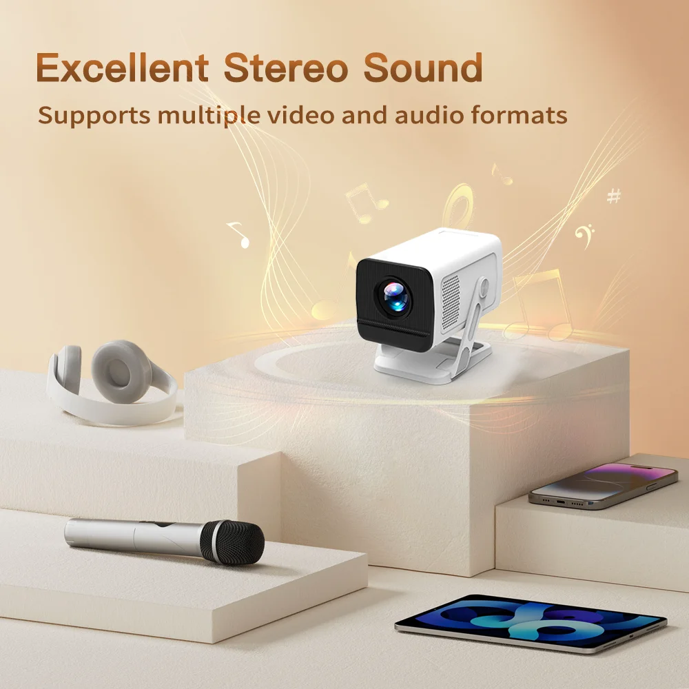 Mini projecteur avec Wifi6 et BT5.4 1080P 4K prenant en charge Android 11 Auto Keystone 180 ° Projecteur portable flexible pour une utilisation sur le cinéma maison