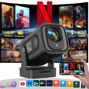 XGODY Gimbal 5 Pro Projecteur Intelligent 400ANSI Luminosité Natif 1920*1080P Support 4K Full HD 1080P Beamer avec Télécommande, Mise au Point Automatique & Correction Automatique du Trapèze WiFi 6 Sans Fil BT 5.2, Assistant Vocal Mini Cinéma Maison Projecteur APP Intégrée