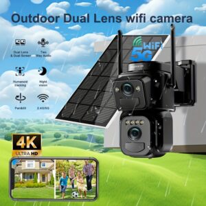 1 pièce Caméra PTZ 4K Double Objectif Double Écran Suivi Automatique - Couverture 355° & Connectivité WiFi/Bt 5G Double Bande, IP66, Alarme Nuit en Couleur & Projecteur, Essai Gratuit de Stockage Cloud - Sécurité Domestique & Surveillance d'Animaux, Panneau Solaire Offert