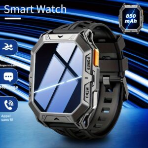 Montre connectée LIGE pour homme, IPX8, écran AMOLED 2,13 pouces, 100+ modes sport, appel sans fil, affichage météo, batterie 850 mAh, 100 jours d'autonomie, montre de sport pour iPhone et Android, noir/gris, cadeaux de la Saint-Valentin